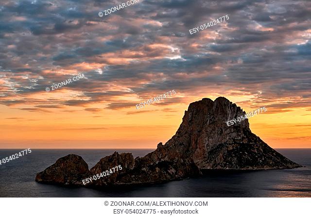 Picturesque view of the mysterious island of Es Vedra at sunset. Ibiza Island, Balearic Islands. Spain