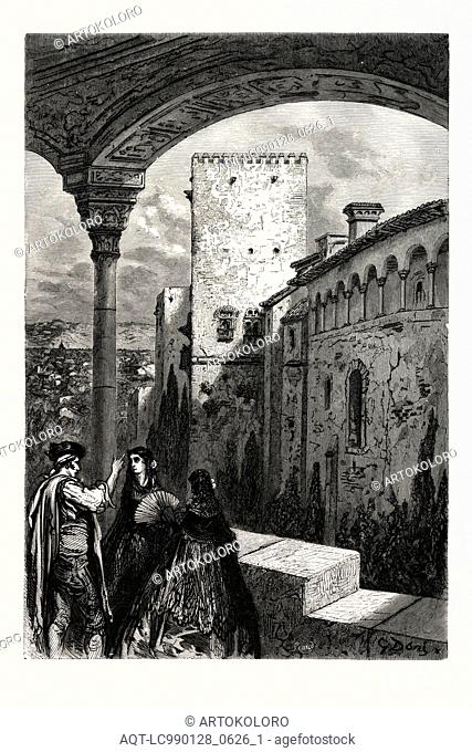 NORTHERN WALL OF THE ALHAMBRA, GRANADA. GUSTAVE DORÉ. A palace and fortress complex located in Granada, Andalusia, Spain