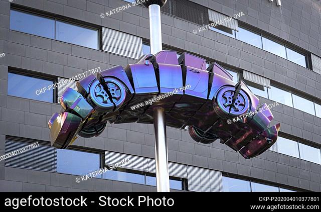 Czech artist David Cerny presents his outdoor mobile statue Brouk (Beetle) in front of the BB Centre in Prague, Czech Republic, April 1, 2020