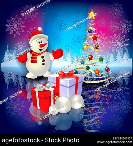 Abstract Christmas greeting with snowman and tree