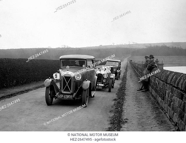 Salmson, Amilcar and Riley 9, Ilkley & District MC Trial, Fewston Reservoir, Yorkshire, 1930s. Artist: Bill Brunell