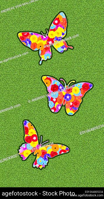 Three butterflies as a graphic, with colorful flowers on a green background