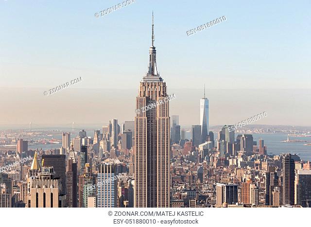 Panoramic view of New York City. Manhattan downtown skyline with Empire State Building and skyscrapers