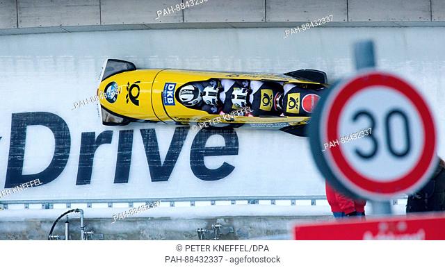 Four-man bobsleigh with Francesco Friedrich, Candy Bauer, Martin Grothkopp and Thorsten Margis of Germany in action during the 1st run in Schoenau am Koenigssee