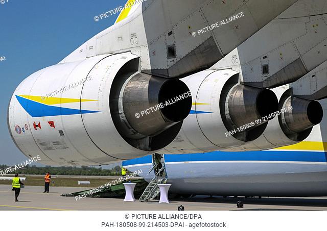 07 May 2018, Germany, Schkeuditz, Leipzig-Halle airport: The engines of the Antonov 225. The cargo aircraft measuring 84 metres in length, 89 metres in width
