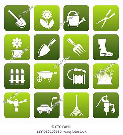Flat Garden and gardening tools and objects icons - vector icon set