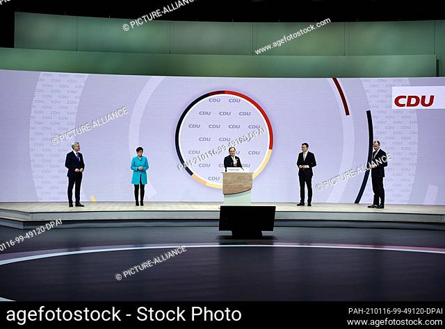 16 January 2021, Berlin: The new party leader Armin Laschet (centre) speaks after his election at the digital federal party conference of the CDU