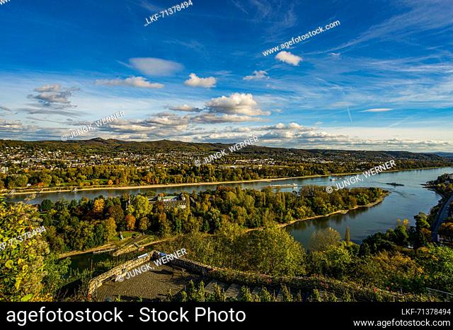 View from Rolandsbogen to the Rhine and the island of Nonnenwerth, Remagen, Ahrweiler district; Rhineland-Palatinate, Germany
