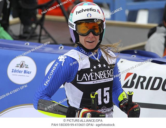 09 March 2018, Germany, Ofterschwang: alpine skiing, World Cup, women, giant slalom, first run: Italy's Marta Bassino reacts to her performance