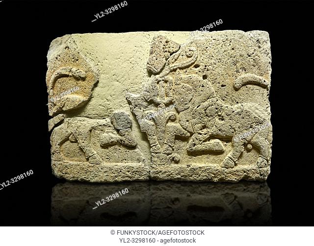 Photo of Hittite relief sculpted orthostat stone panel of Herald's Wall Limestone, KarkamÄ±s, (KargamÄ±s), Carchemish (Karkemish), 900-700 B. C