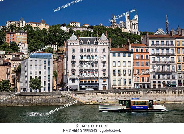 France, Rhone, Lyon, historical site listed as World Heritage by UNESCO, istrict of Vieux-Lyon, the river shuttle Vaporetto on Saone River and Notre Dame de...