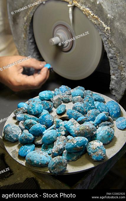 Turquoise stones are machined and processed in a workshop in the bazaar in the Iranian city of Mashhad, taken on 14.06.2017