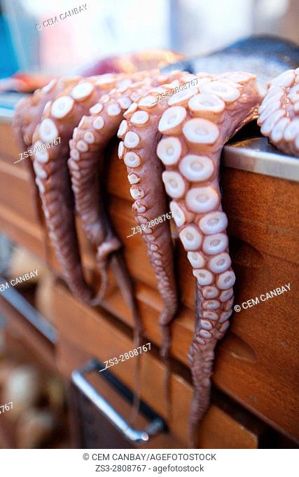 Octopus hanging at the entrance of the restaurant in town center, Naxos, Cyclades Islands, Greek Islands, Greece, Europe