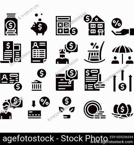 Pension Retirement Glyph Set Vector Thin Line. Money in Glass Bottle And Box, Calculator And Clock, Pension Finance Glyph Pictograms Black Illustrations