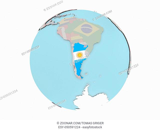 Argentina on political globe with embedded flags. 3D illustration isolated on white background