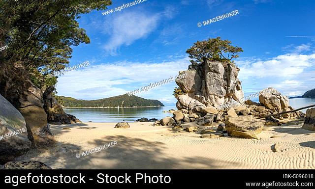 Overgrown rock on the beach of Stillwell Bay, Abel Tasman National Park, Tasman, South Island, New Zealand, Oceania