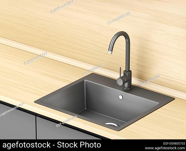 Modern kitchen with black faucet and composite sink