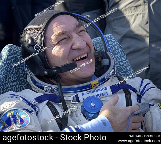 Roscosmos cosmonaut Alexander Skvortsov is seen outside the Soyuz MS-13 spacecraft after he landed with NASA astronaut Christina Koch and ESA astronaut Luca...