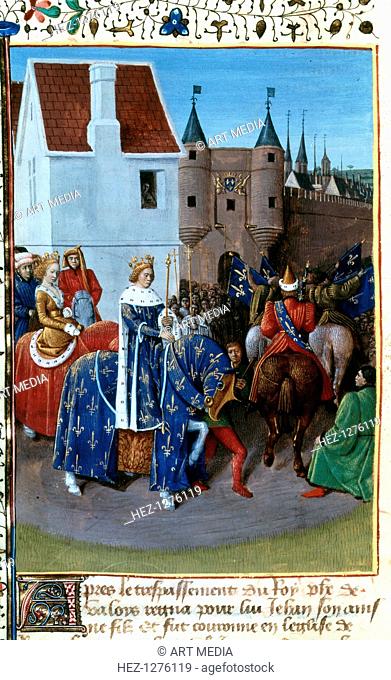 Entry of John II to Paris, 14th century, (1455-1460). John the Good was king of France from 1350-1364. Illustration from the Grandes Chroniques de France