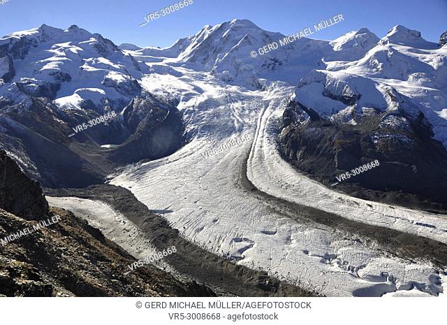 Swiss alps panoramic view to the Dufourspitze and melting Grenzglacier from Gornergrad
