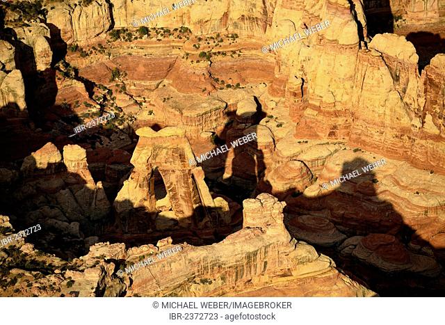 Aerial view, Druid Arch with shadows, Elephant Canyon, Needles District, Canyonlands National Park, Utah, USA