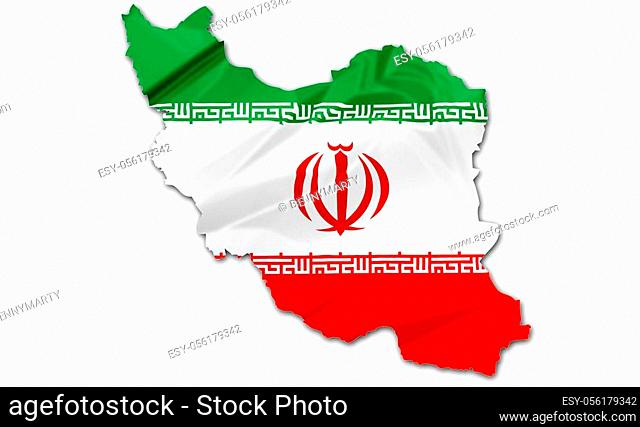 Iranian flag in political map, isolated on white background. Islamic Republic of Iran flag 3D border illustration