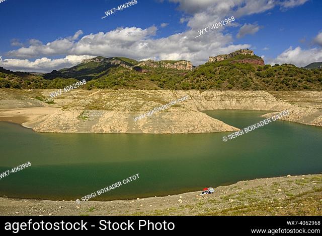 Siurana reservoir almost dry, at 8%, during the 2022 drought (Priorat, Tarragona, Catalonia, Spain)