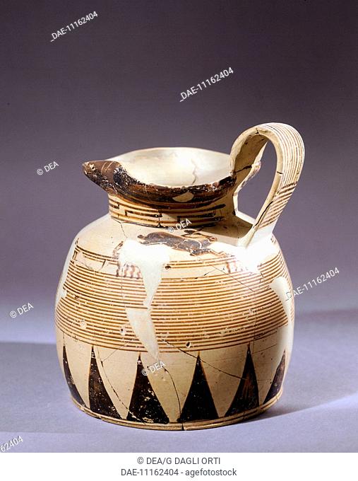 Protocorinthian oinochoe showing figures of a hare, painted pottery., Greece. Greek Civilization, 8th-7th Century BC.  Corinto, Museo Archeologico