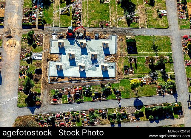 Aerial picture, digger on the Protestant cemetery of Boele, Turmstrasse, Hagen, Ruhr area, North Rhine-Westphalia, Germany, Europe