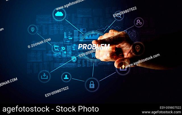 Hand touching PROBLEM inscription, Cybersecurity concept