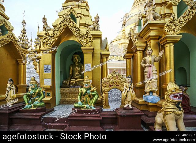 The shrines of Shwedagon Pagoda complex, Singuttara Hill, Yangon, Myanmar, Southeast Asia