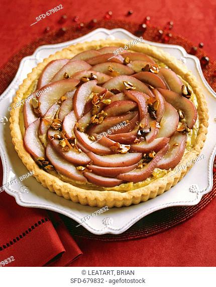 Poached Pear Tart with Caramelized Pistachios, From Above