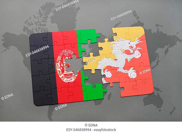 puzzle with the national flag of afghanistan and bhutan on a world map background. 3D illustration