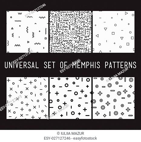 Set of universal vector fashion geometric seamless patterns. Flat repeated trendy design elements in black, white, memphis style