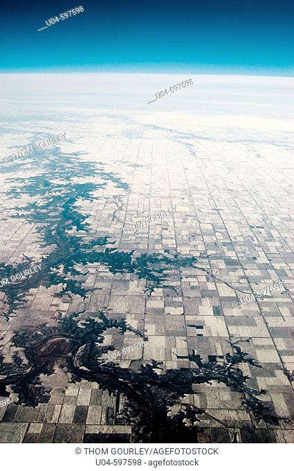 Aeirial view of farmland over Midwestern USA