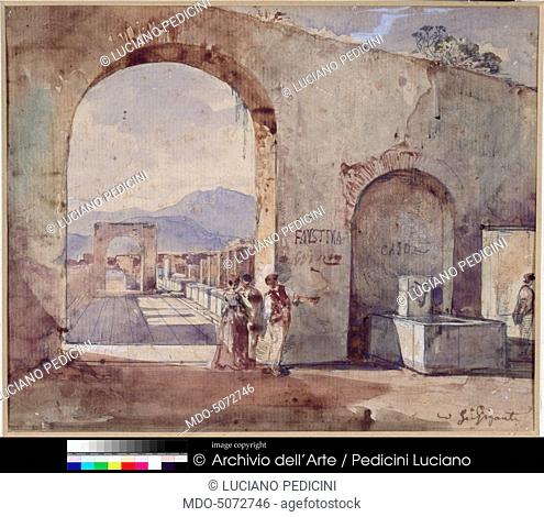 Back Entrance of Forum of Pompeii (Ingresso posteriore del Foro di Pompei), by Giacinto Gigante, 19th Century, pencil/ink/watercolors, 19 x 23, 5 cm