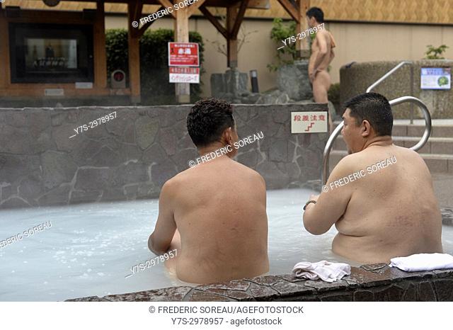 Japanese men relax in onsen, Hiroshima, Japan, Asia
