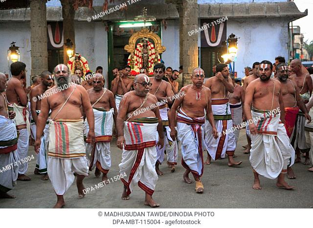 Vaishnav devotees in procession of god ; District Kanchipuram ; Tamil Nadu ; India