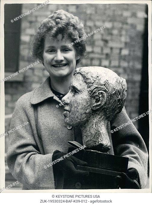 Mar. 24, 1953 - Sending in day for Sculpture at the academy. Portrait of a friend. Photo shows Miss Helen Meyer of West Kensington with her bust 'Dorothy' -...