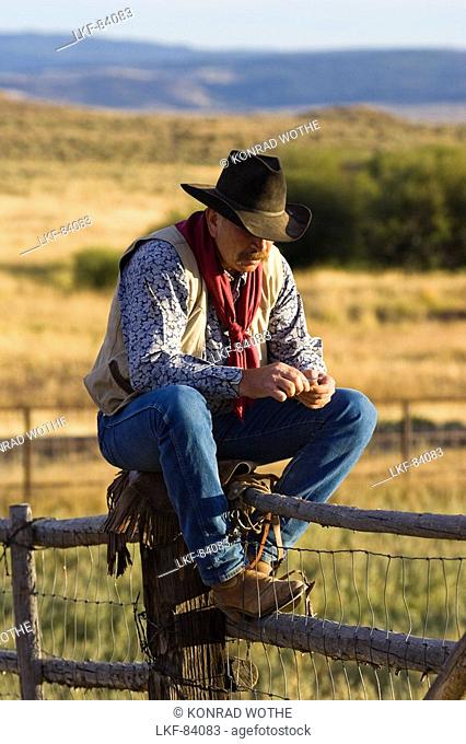 cowboy on fence, wildwest, Oregon, USA