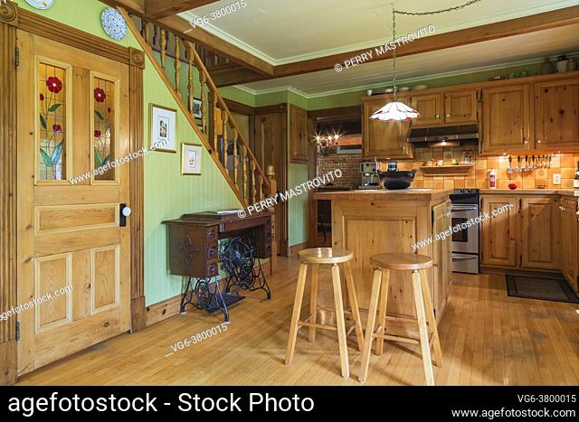 Wooden door with backlit stained-glass windows and red flower motifs in kitchen with pine wood cabinets, island with maple wood top