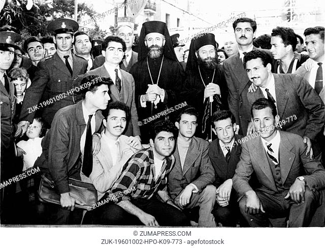 May 19, 1957 - Athens, Greece - ARCHBISHOP MAKARIOS III and BISHOP KYPRIANOS of Kyrenia with Cypriot students who attend the Athens University