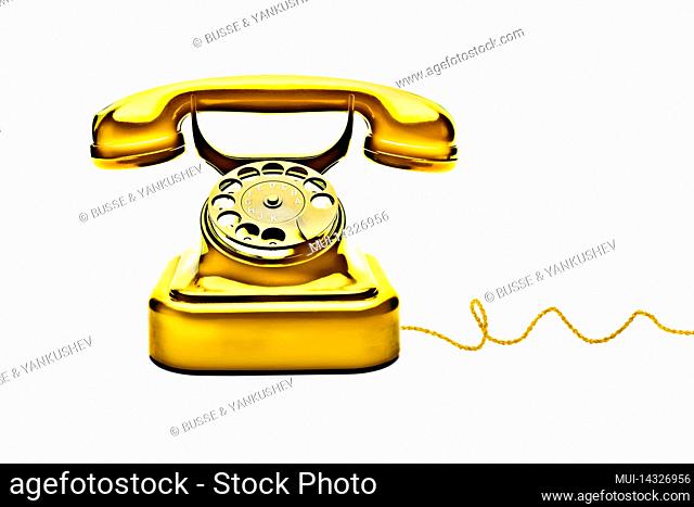 Gold color phone cowardly on white background