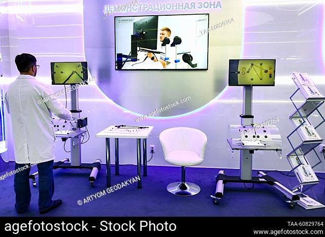 RUSSIA, MOSCOW - AUGUST 2, 2023: An exhibition stand of the Moscow government's Department of Health is seen during the 3rd Urban Health International Congress...