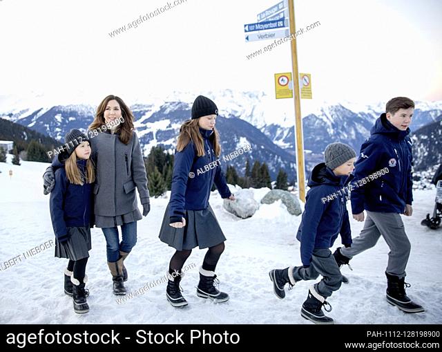 Crown Princess Mary, Prince Christian, Princess Isabella, Prince Vincent and Princess Josephine of Denmark arrive at the Lemania-Verbier International School in...