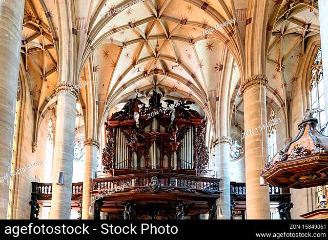 Schwaebisch Gmuend, BW / Germany - 23 July 2020: interior view of the minster in Schwaebisch Gmuend with the pipe organ