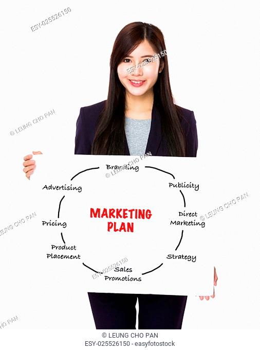 Asian businesswoman holding a poster showing marketing plan concept