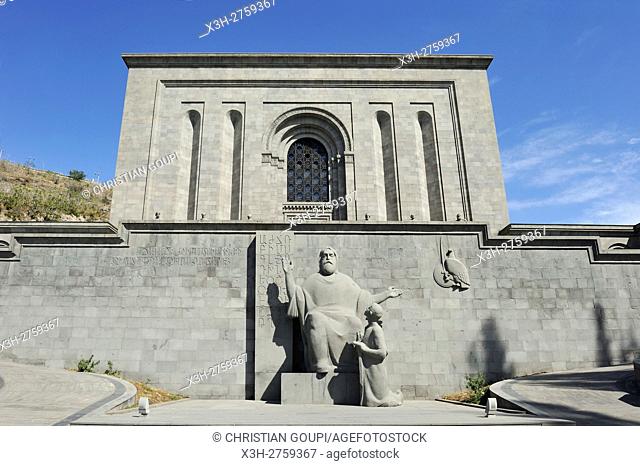 statues of Mesrop Mashots, the creator of the Armenian alphabet (around 405), and his pupil, facade of the Mesrop Mashtots Institute of Ancient Manuscripts