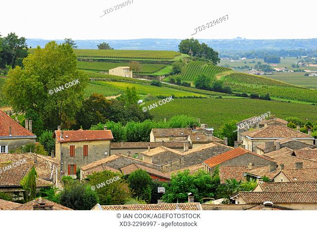 tiled rooftops and countryside, Saint Emilion, Gironde Department, Aquitaine, France