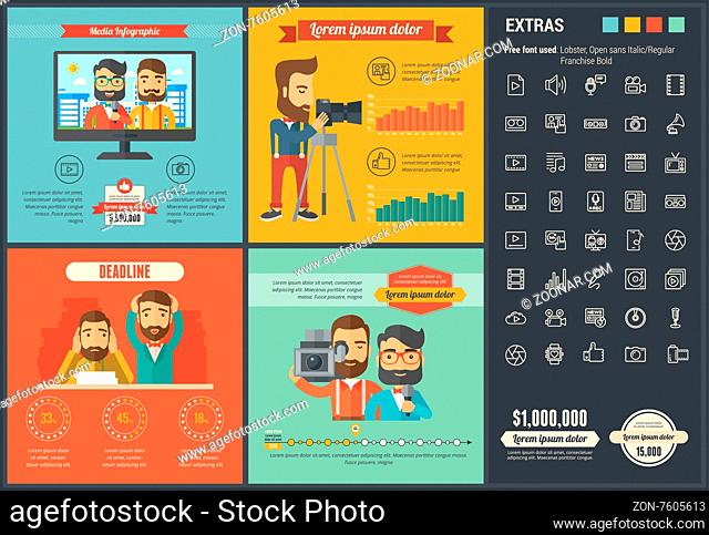 Media infographic template and elements. The template includes illustrations of hipster men and huge awesome set of thin line icons